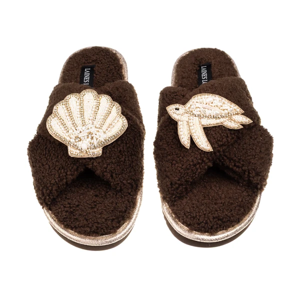 laines london Laines Neutral Boucle Slippers With Pearl Shell & Turtle Brooches