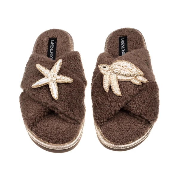 Laines London Laines Neutral Boucle Slippers With Pearl Starfish & Turtle Brooches