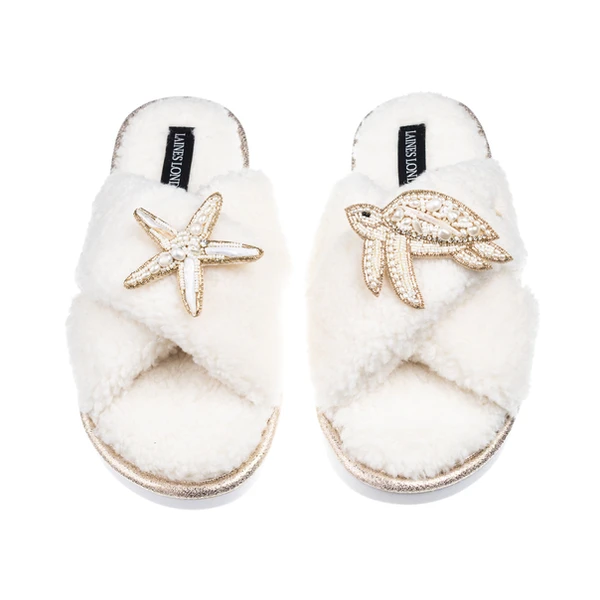 Laines London Laines Neutral Boucle Slippers With Pearl Starfish & Turtle Brooches