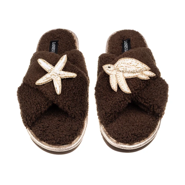 Laines London Laines Neutral Boucle Slippers With Pearl Starfish & Turtle Brooches