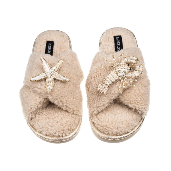 Laines London Laines Neutral Boucle Slippers With Pearl Starfish & Lobster Brooches