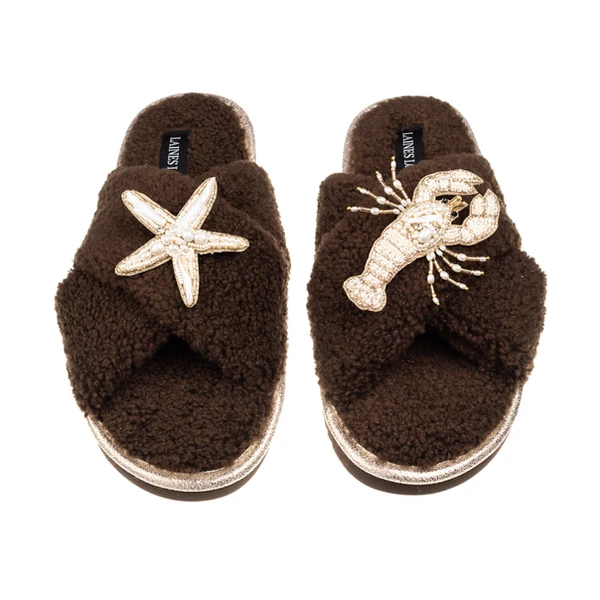 Laines London Laines Neutral Boucle Slippers With Pearl Starfish & Lobster Brooches