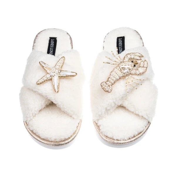Laines London Laines Neutral Boucle Slippers With Pearl Starfish & Lobster Brooches