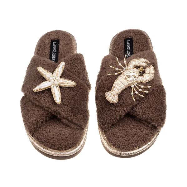 laines london Laines Neutral Boucle Slippers With Pearl Starfish & Lobster Brooches