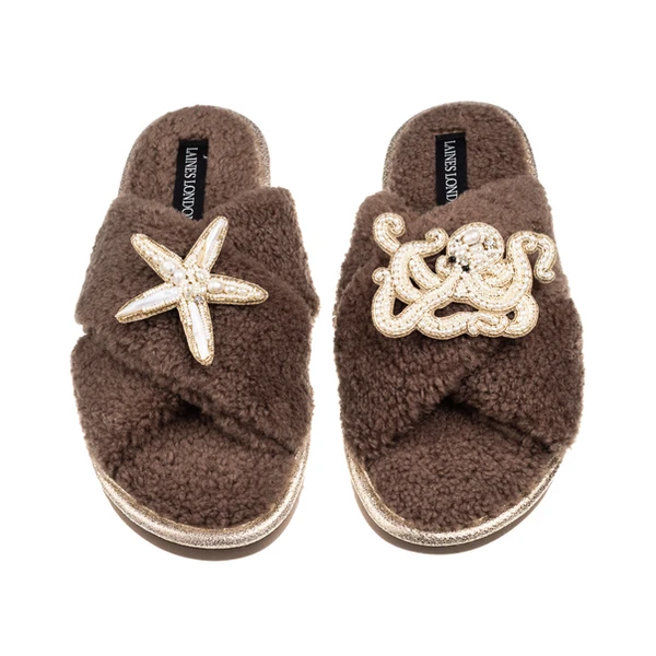 Laines London Laines Neutral Boucle Slippers With Pearl Starfish & Octopus Brooches