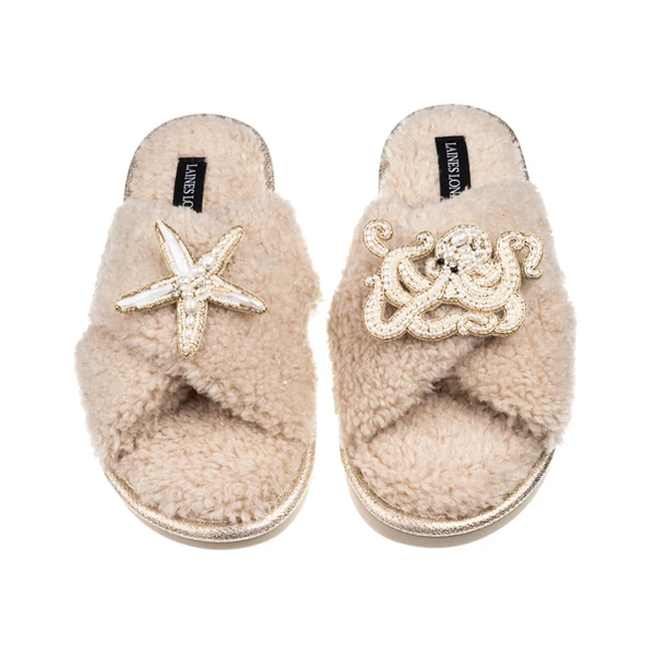Laines London Laines Neutral Boucle Slippers With Pearl Starfish & Octopus Brooches