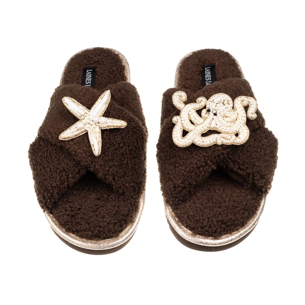 Laines London Laines Neutral Boucle Slippers With Pearl Starfish & Octopus Brooches