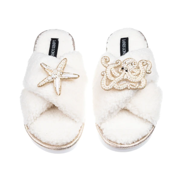 laines london Laines Neutral Boucle Slippers With Pearl Starfish & Octopus Brooches