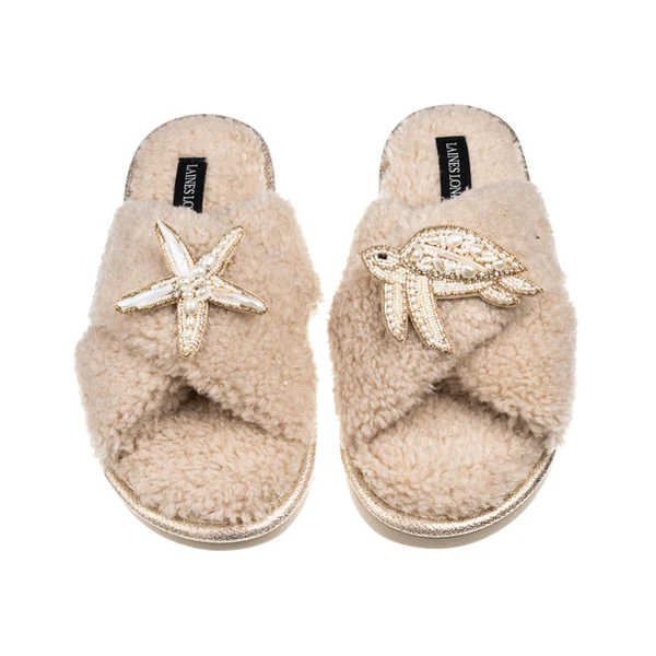 laines london Laines Neutral Boucle Slippers With Pearl Starfish & Turtle Brooches