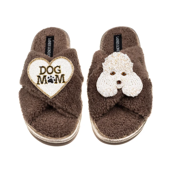Laines London Laines Neutral Boucle Slippers With Pearl The Poodle & Dog Mum / Mom Brooches