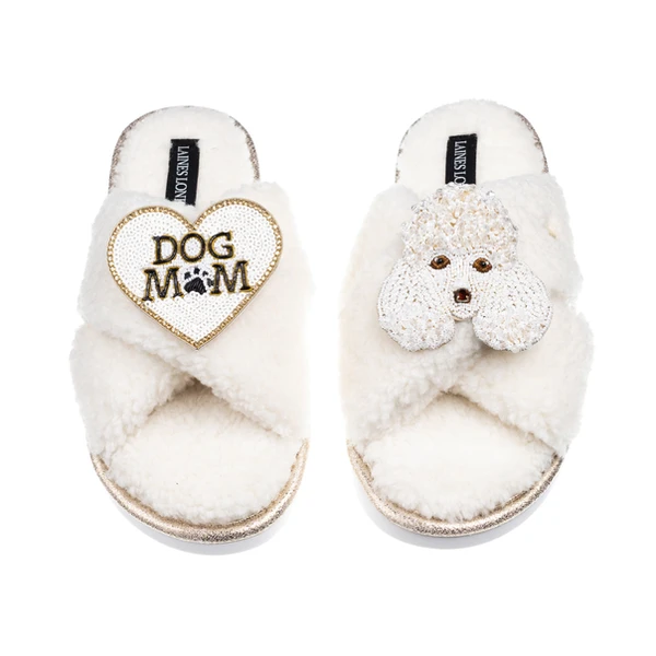 Laines London Laines Neutral Boucle Slippers With Pearl The Poodle & Dog Mum / Mom Brooches