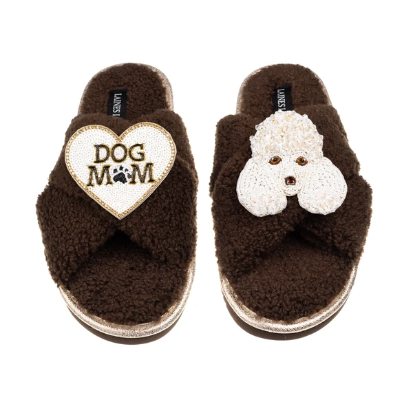 Laines London Laines Neutral Boucle Slippers With Pearl The Poodle & Dog Mum / Mom Brooches