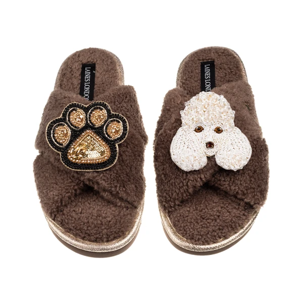 Laines London Laines Neutral Boucle Slippers With Pearl The Poodle & Paw Brooches