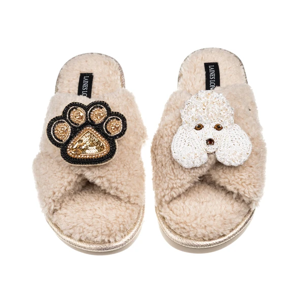 Laines London Laines Neutral Boucle Slippers With Pearl The Poodle & Paw Brooches