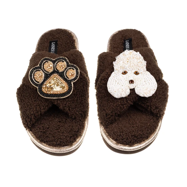 laines london Laines Neutral Boucle Slippers With Pearl The Poodle & Paw Brooches