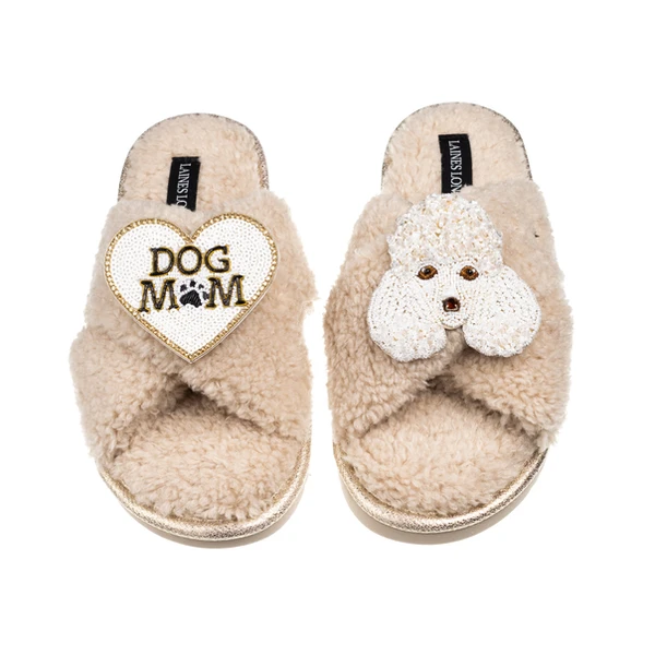 laines london Laines Neutral Boucle Slippers With Pearl The Poodle & Dog Mum / Mom Brooches