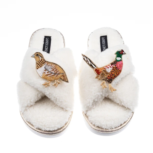 Laines London Laines Neutral Boucle Slippers With Pheasant & Hen Brooches