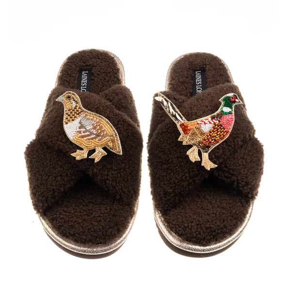 Laines London Laines Neutral Boucle Slippers With Pheasant & Hen Brooches