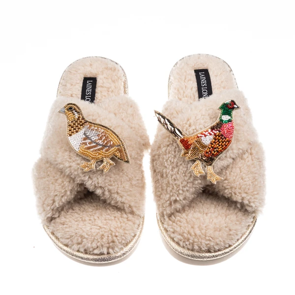 laines london Laines Neutral Boucle Slippers With Pheasant & Hen Brooches laines london Laines Neutral Boucle Slippers With Pheasant & Hen Brooches