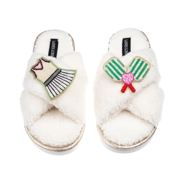 Laines London Laines Neutral Boucle Slippers With Pickleball Lover Brooches