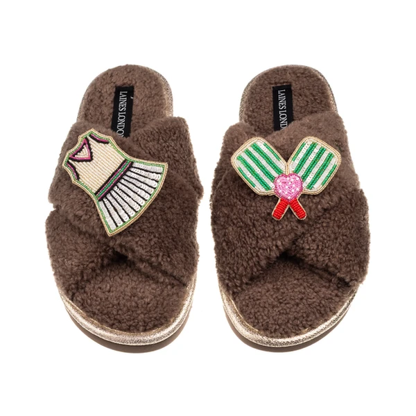 Laines London Laines Neutral Boucle Slippers With Pickleball Lover Brooches