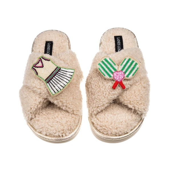 laines london Laines Neutral Boucle Slippers With Pickleball Lover Brooches