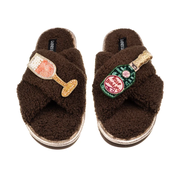 Laines London Laines Neutral Boucle Slippers With Pink Champagne Brooches
