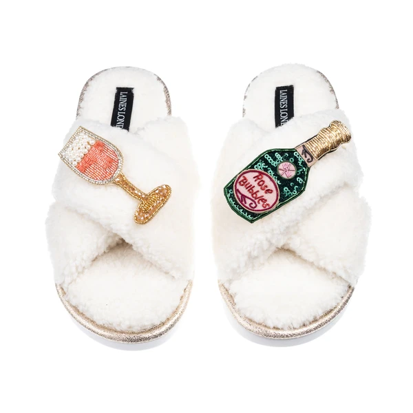 Laines London Laines Neutral Boucle Slippers With Pink Champagne Brooches