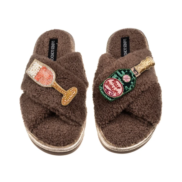 Laines London Laines Neutral Boucle Slippers With Pink Champagne Brooches