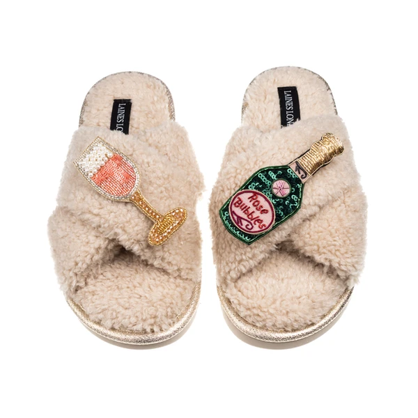 laines london Laines Neutral Boucle Slippers With Pink Champagne Brooches