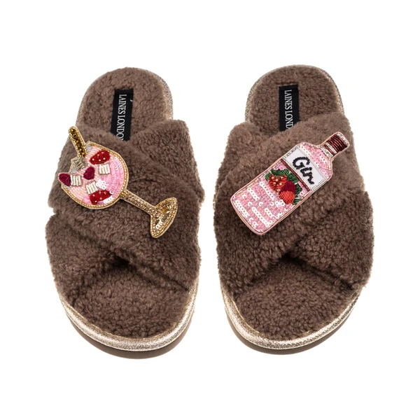 Laines London Laines Neutral Boucle Slippers With Pink Gin & Glass Brooches