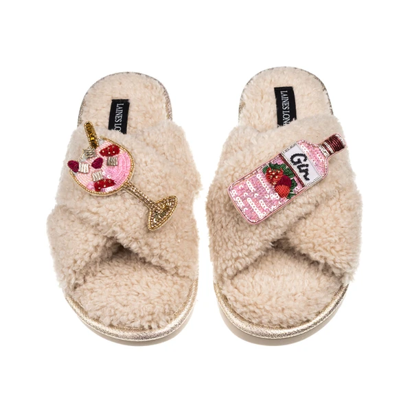 Laines London Laines Neutral Boucle Slippers With Pink Gin & Glass Brooches