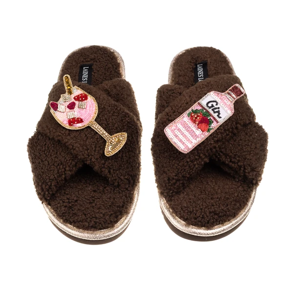 Laines London Laines Neutral Boucle Slippers With Pink Gin & Glass Brooches