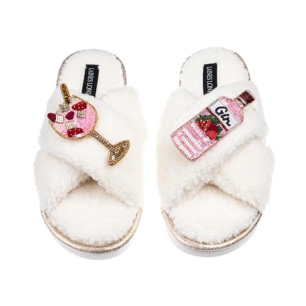 laines london Laines Neutral Boucle Slippers With Pink Gin & Glass Brooches