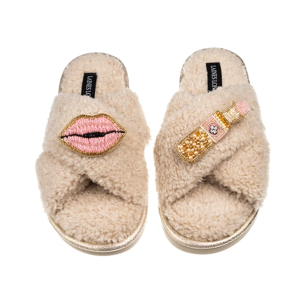 Laines London Laines Neutral Boucle Slippers With Pink Lips & Lipstick Brooches