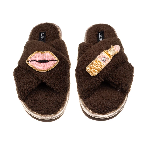 Laines London Laines Neutral Boucle Slippers With Pink Lips & Lipstick Brooches