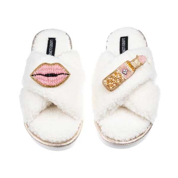 laines london Laines Neutral Boucle Slippers With Pink Lips & Lipstick Brooches