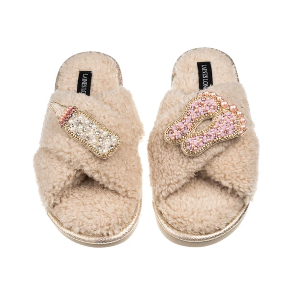 Laines London Laines Neutral Boucle Slippers With Pink New Baby Girl Brooches