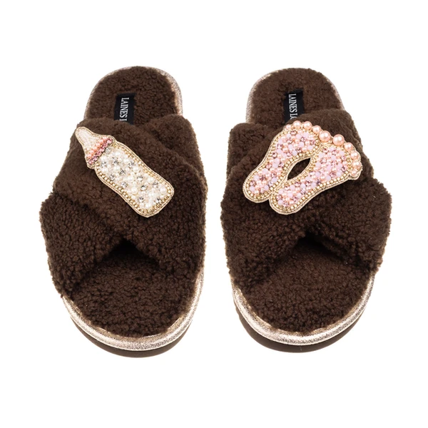 Laines London Laines Neutral Boucle Slippers With Pink New Baby Girl Brooches