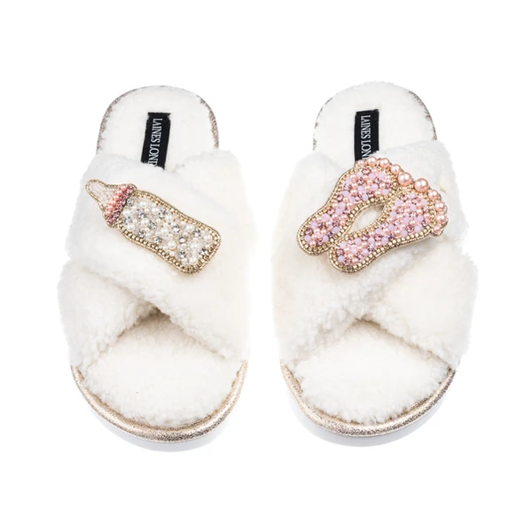 Laines London Laines Neutral Boucle Slippers With Pink New Baby Girl Brooches