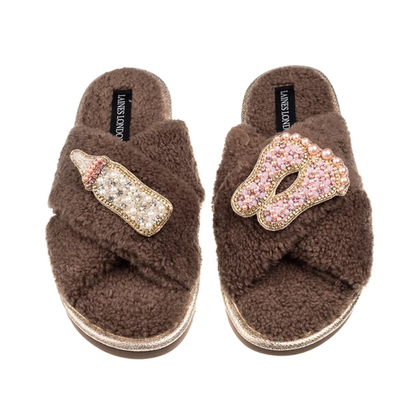 laines london Laines Neutral Boucle Slippers With Pink New Baby Girl Brooches