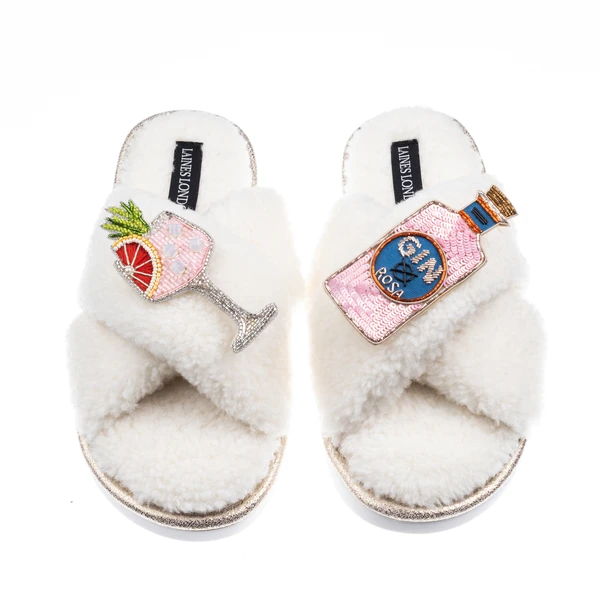 Laines London Laines Neutral Boucle Slippers With Pink Rosa & Grapefruit Gin Brooches