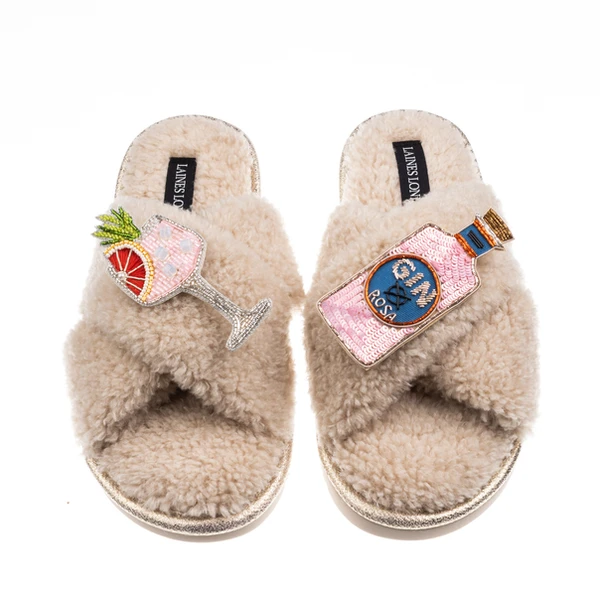 Laines London Laines Neutral Boucle Slippers With Pink Rosa & Grapefruit Gin Brooches