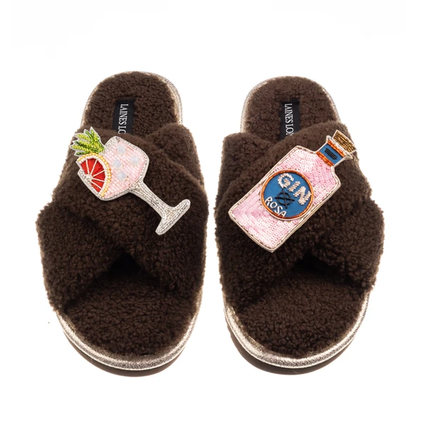 Laines London Laines Neutral Boucle Slippers With Pink Rosa & Grapefruit Gin Brooches