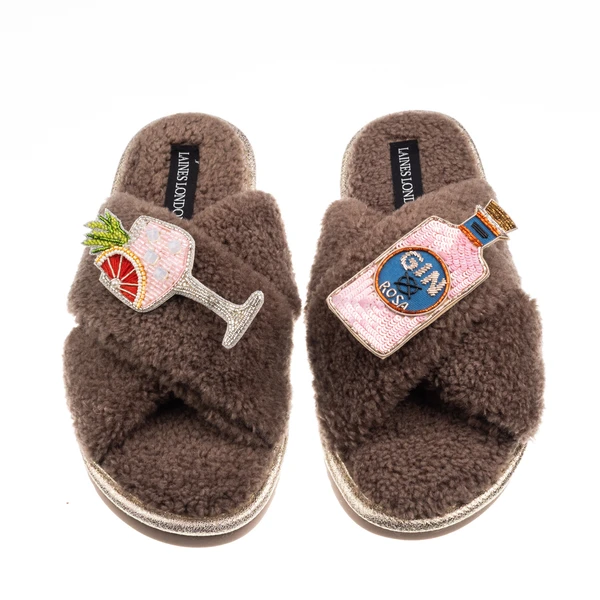 laines london Laines Neutral Boucle Slippers With Pink Rosa & Grapefruit Gin Brooches