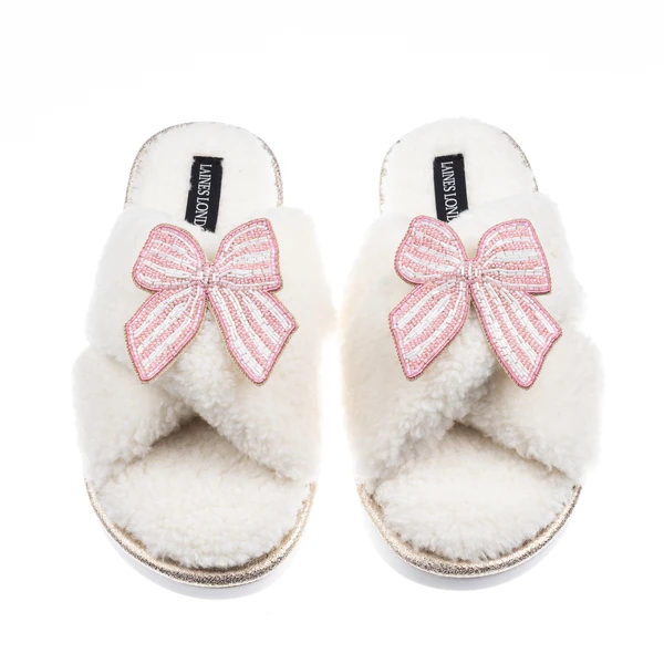 Laines London Laines Neutral Boucle Slippers With Pink Stripe Bow Brooches