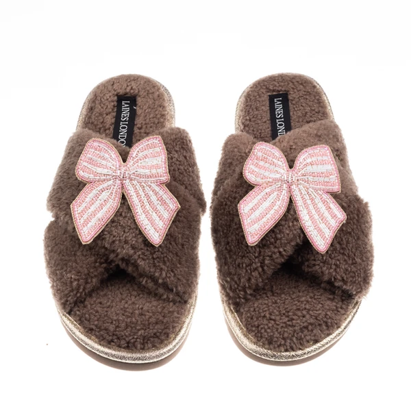 Laines London Laines Neutral Boucle Slippers With Pink Stripe Bow Brooches