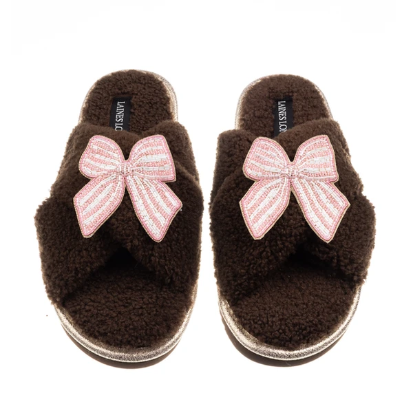 Laines London Laines Neutral Boucle Slippers With Pink Stripe Bow Brooches
