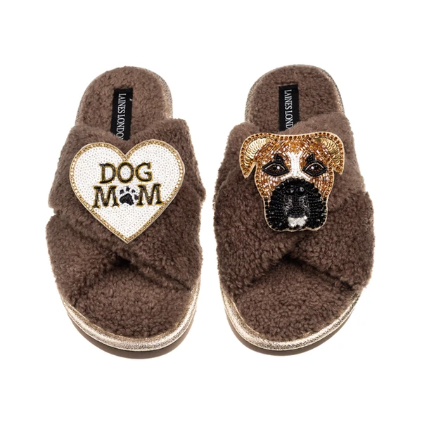 Laines London Laines Neutral Boucle Slippers With Pip The Boxer & Dog Mum / Mom Brooches