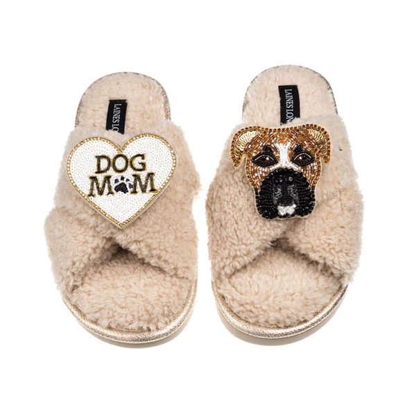 Laines London Laines Neutral Boucle Slippers With Pip The Boxer & Dog Mum / Mom Brooches